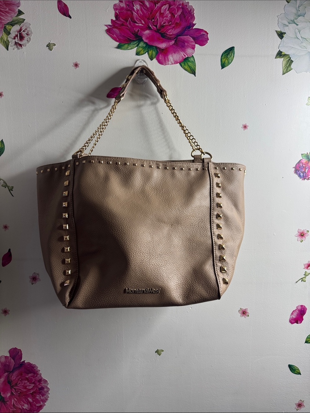 Montana West Beige Studded Tote with Gold Chain Handles
